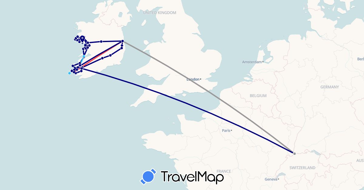 TravelMap itinerary: driving, plane, hiking, boat in Switzerland, Ireland (Europe)
