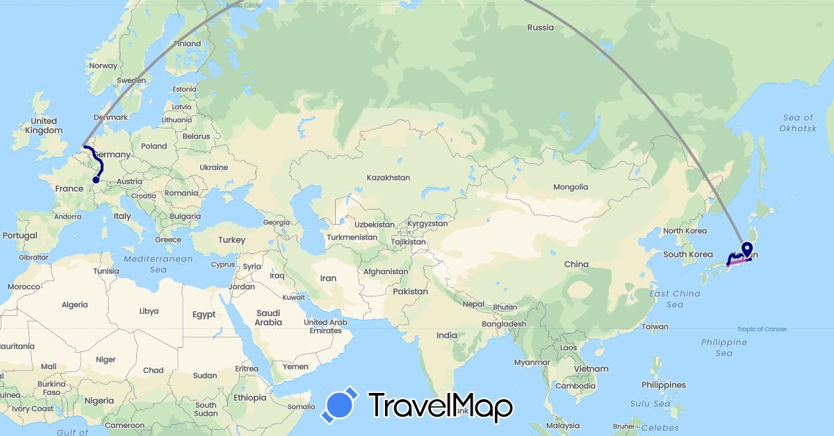 TravelMap itinerary: driving, plane, train in France, Japan, Netherlands (Asia, Europe)